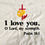 Thumbnail: Close-up of multicolor embroidered Christian message on white t-shirt: “I Love you, Lord my strength"
