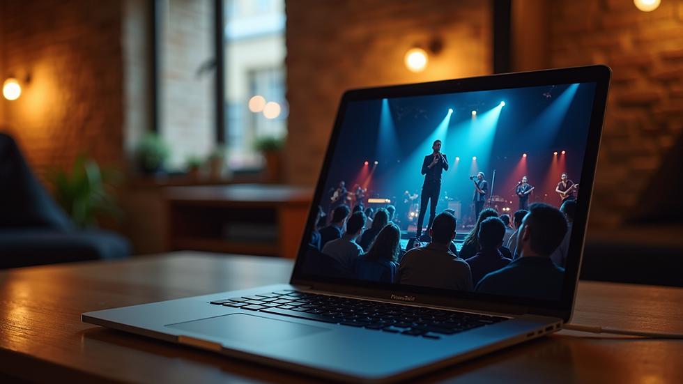 Eye-level view of a laptop showing a live streaming church service