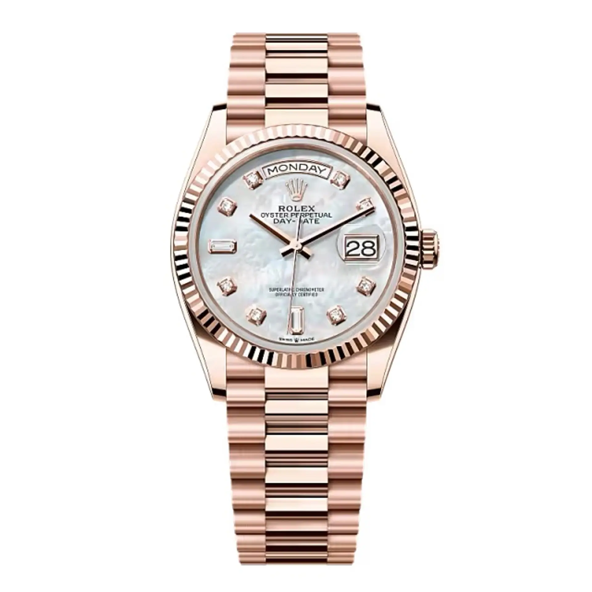 Rolex Day-Date White Mother-of-Pearl Diamond Dial 128235-0029 36 mm – Swiss Made