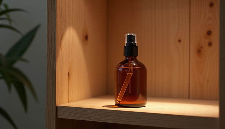 Vue rapprochée d'un flacon d'huile essentielle en verre ambré posé sur une étagère en bois