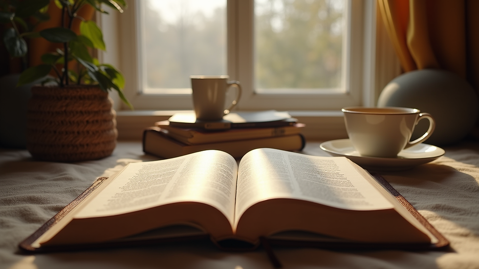 Eye-level view of a cozy reading nook with a Bible and a cup of tea