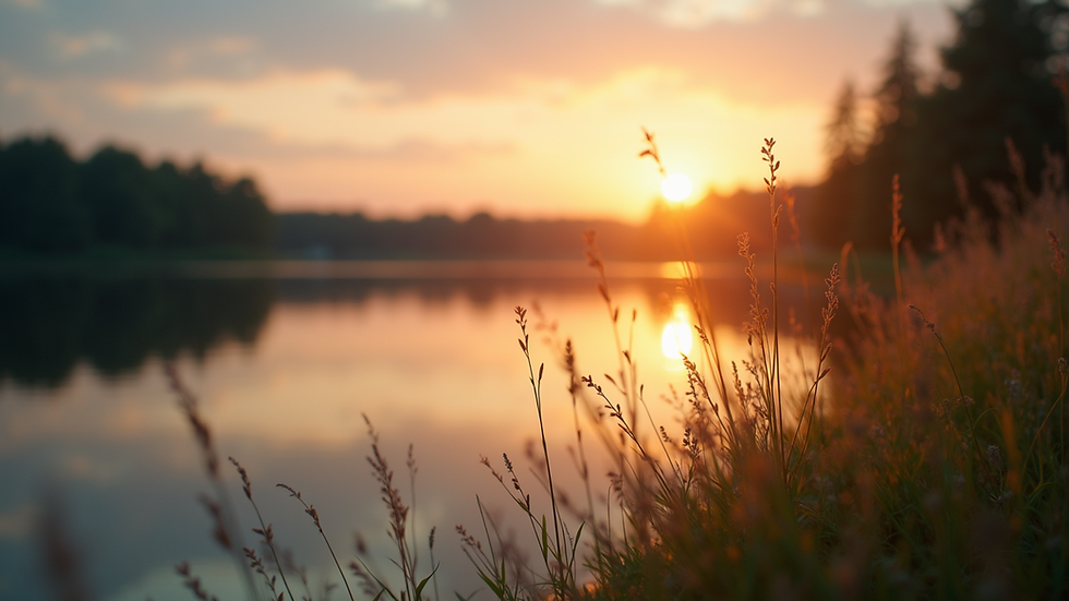 Close-up view of a serene lakeside at sunset symbolizing peace and rest