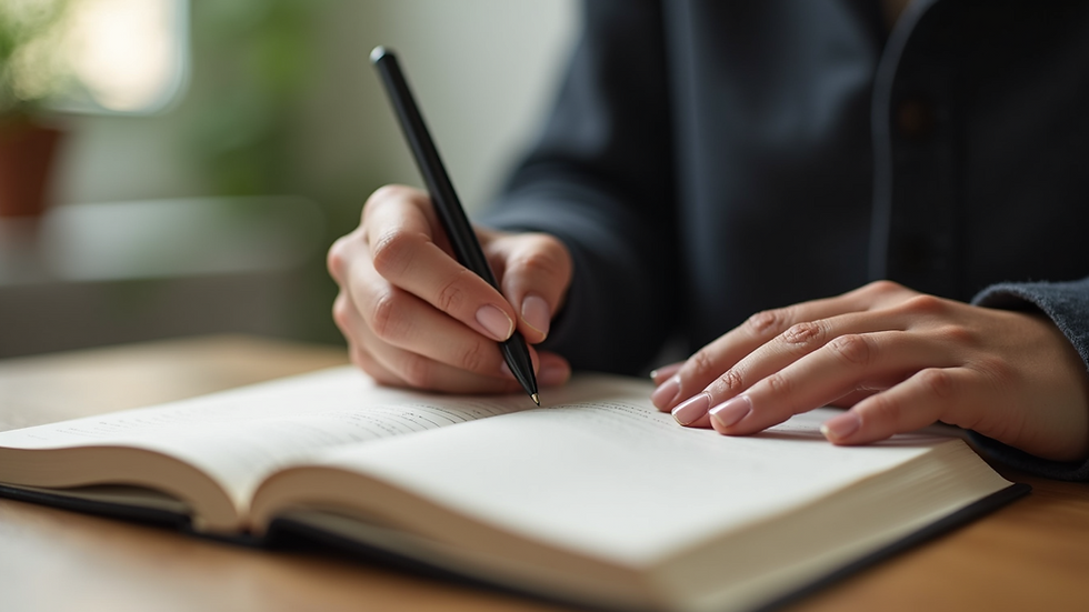 Eye-level view of a person writing in a gratitude journal