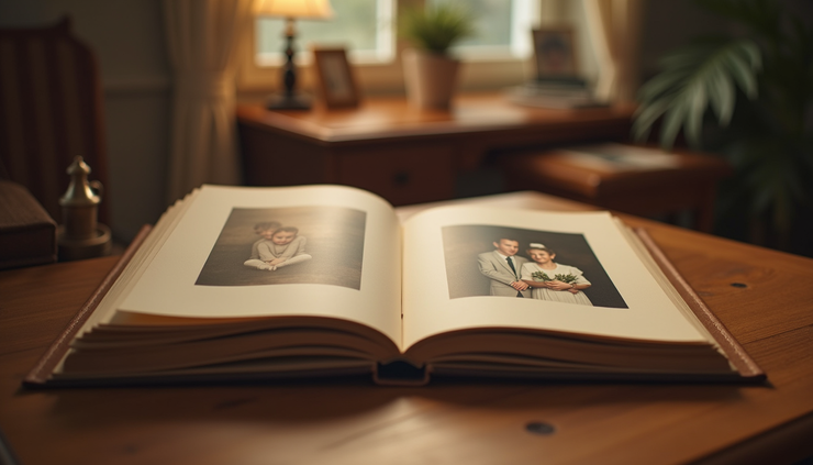 Eye-level view of a family photo album on a wooden table, symbolizing connection and memories