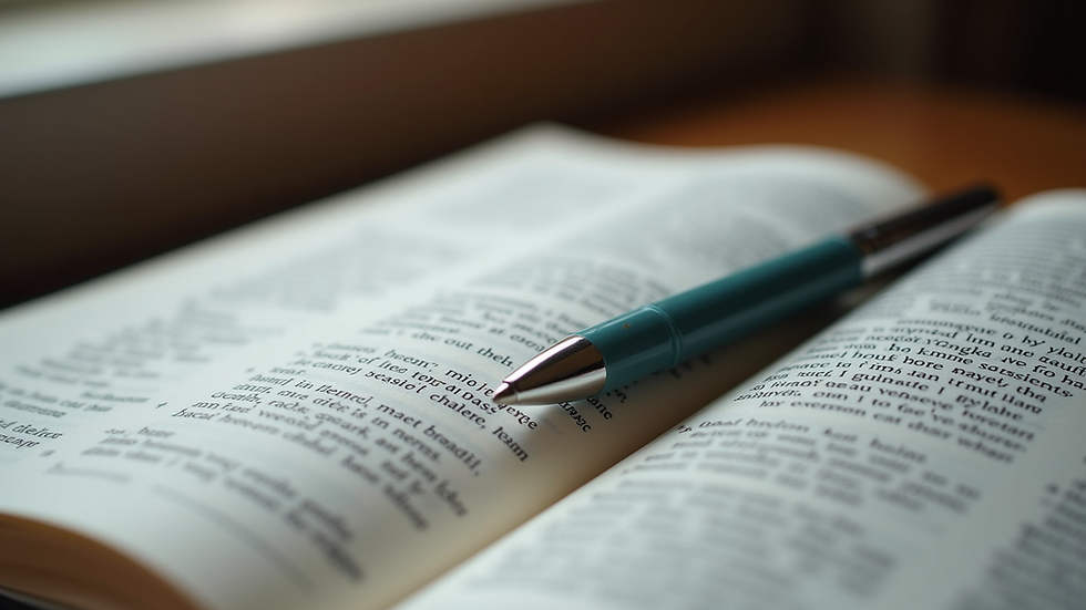 Close-up view of an open Bible with highlighted verses and a pen