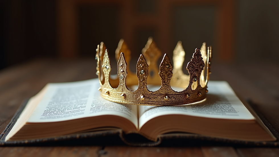 Eye-level view of a crown resting on an open Bible