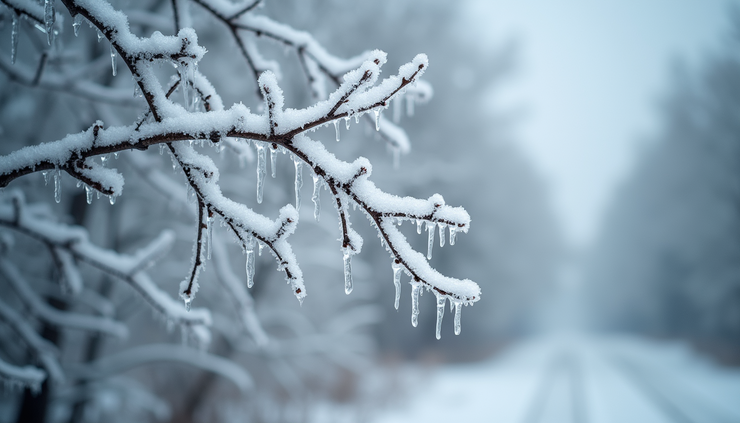 Eye-level view of icy tree branches bending under the weight of ice