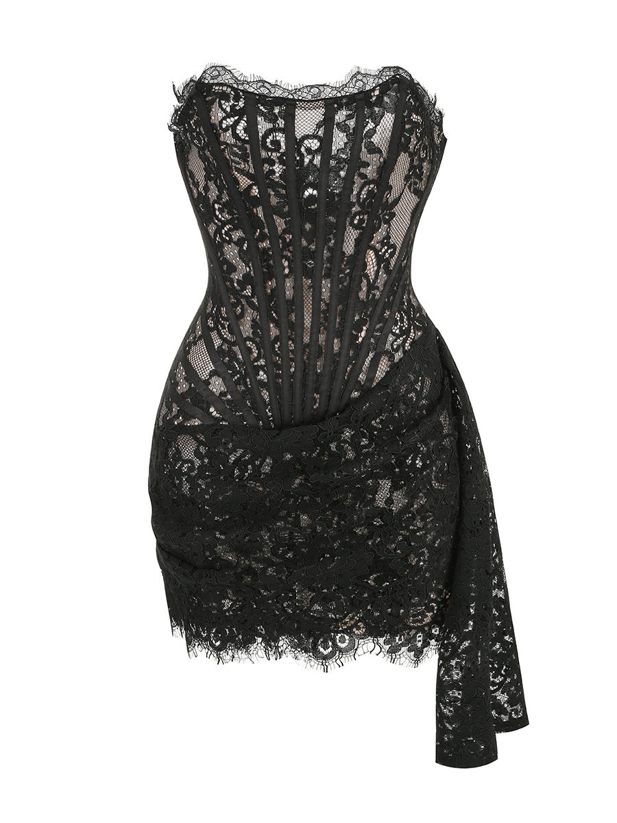 Thumbnail: VC Christmas Dress For Women Red Lace Sexy Strapless Sleeveless Slim Supper Shor
