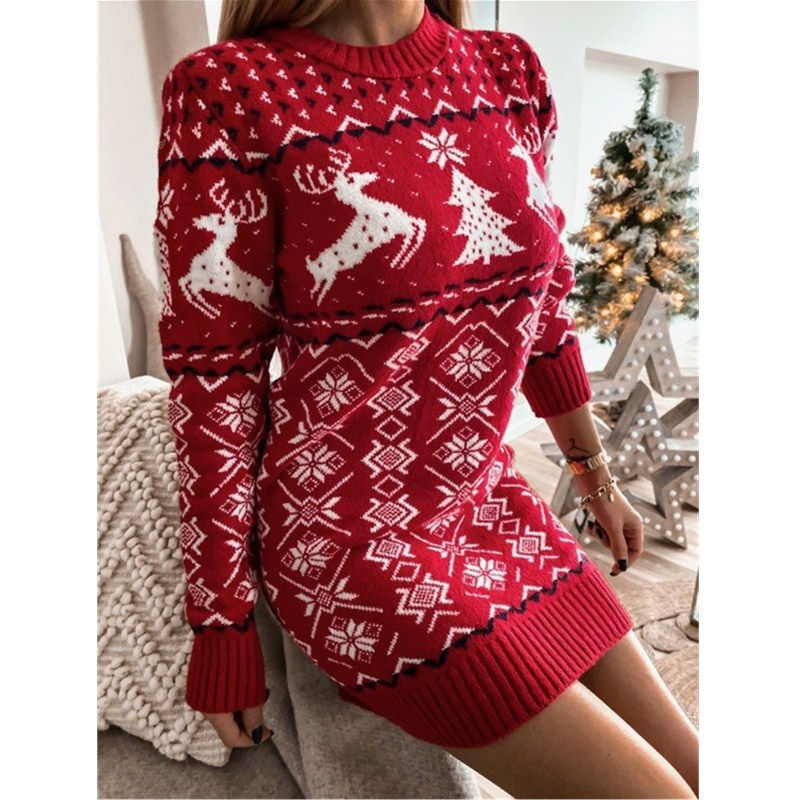 Thumbnail: Christmas Jacquard Knitted Dress Novelty Women Long Sleeve Sweater Dress Elk Chr