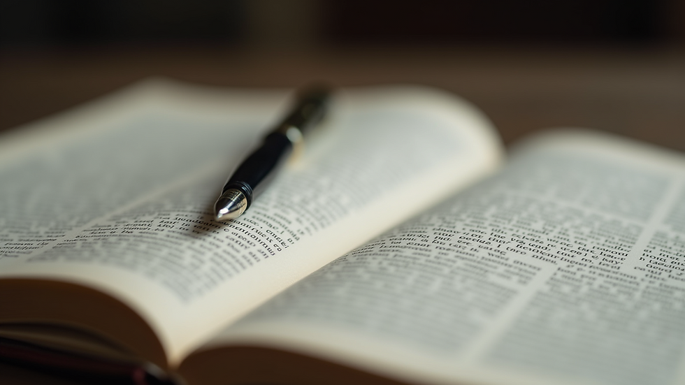 Close-up view of an open book with a pen resting on its pages