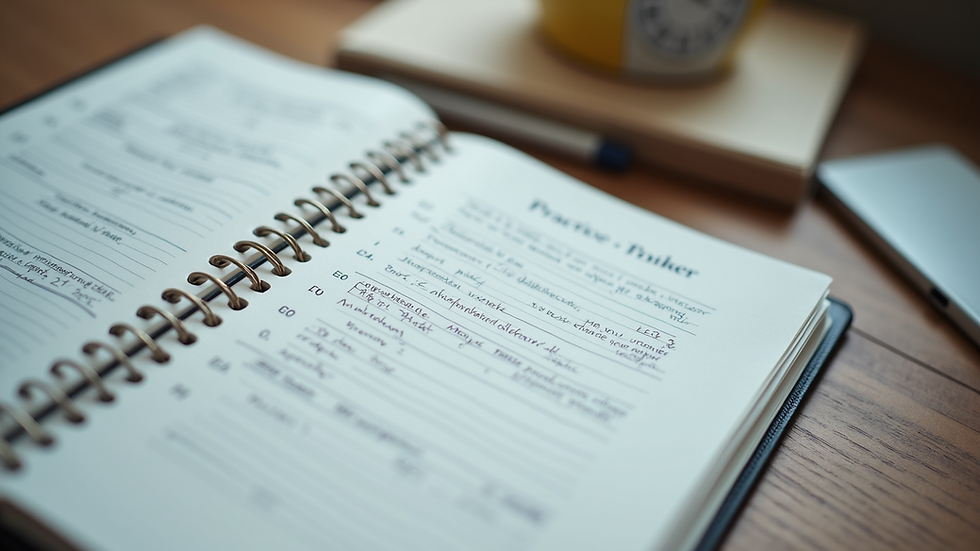 Close-up of a notebook with exam practice notes