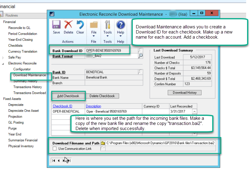 Electronic Reconcile: Download Maintenance