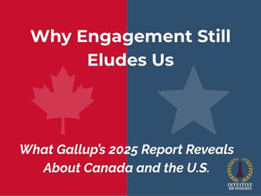 A subtle split-screen design: Left side in maple red with a faint maple leaf outline (Canada) and right side in muted flag blue with a faint star (U.S.). Why engagement sill eludes us: what Gallup's 2025 Report reveals about Canada and the U.S.