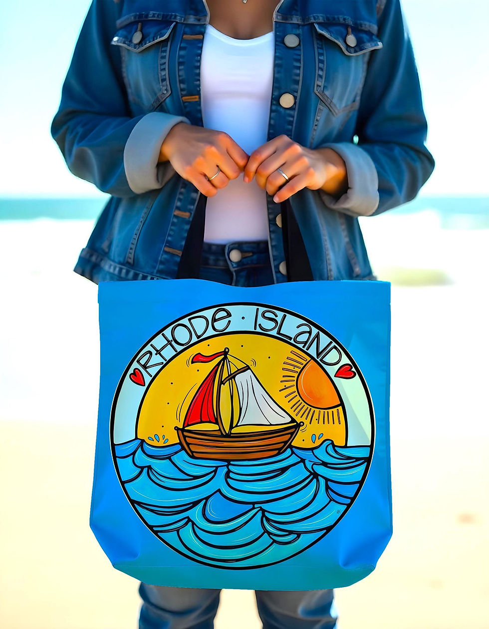 Thumbnail: Rhode Island Tote Bag – Whimsical Sailboat Design, Coastal Ocean State Reusable 
