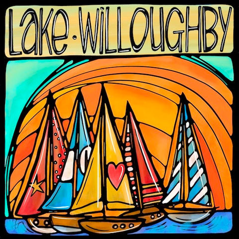 Whimsical and colorful illustration of sailboats on Lake Willoughby with bold sunset tones and playful patterns. Features hand-lettered 'Lake Willoughby' text at the top. Vermont-inspired coastal artwork by Atelier Vero.
