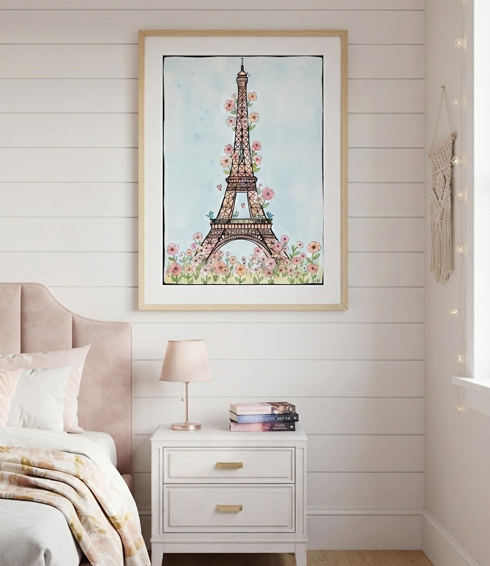 Thumbnail: Eiffel Tower Watercolor Floral Print | Soft Blush Paris Artful Wall Art | Whimsical Love Birds France Poster | Romantic Bedro