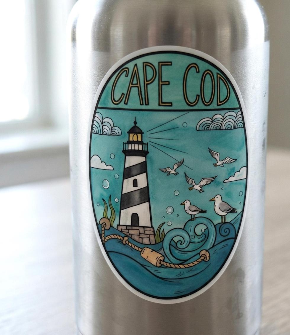 Thumbnail: TheAtelierVero Cape Cod Lighthouse Vinyl Sticker 3x3 inch Black and White