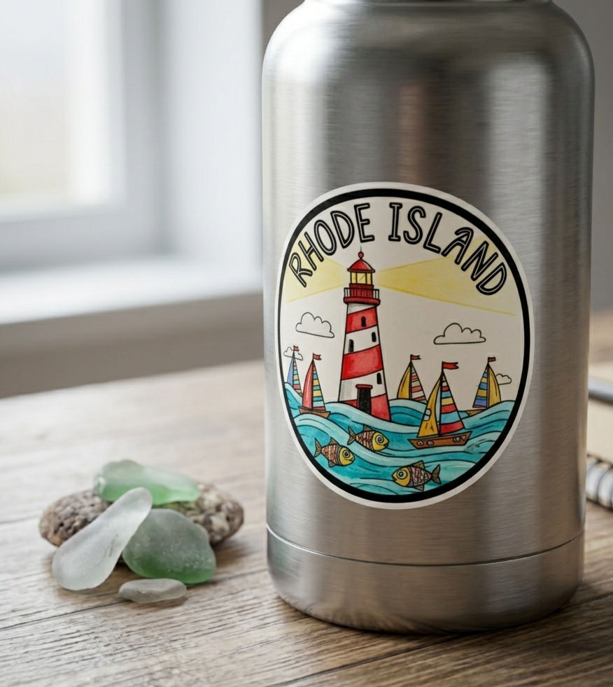 Thumbnail: A round vinyl sticker featuring a red and white striped lighthouse shining its light over ocean waves. Colorful sailboats gli