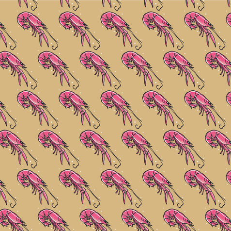 Pattern of pink shrimp illustrations diagonally repeated on a beige background. The vibrant colors and abstract style create a lively, whimsical tone for this surface pattern.