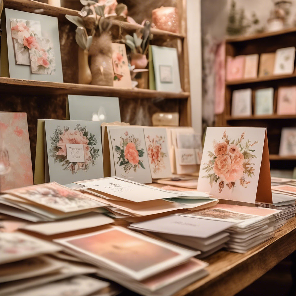 Greeting cards with floral designs displayed on wooden shelves and table. Soft pastels and intricate patterns create a warm, inviting atmosphere.