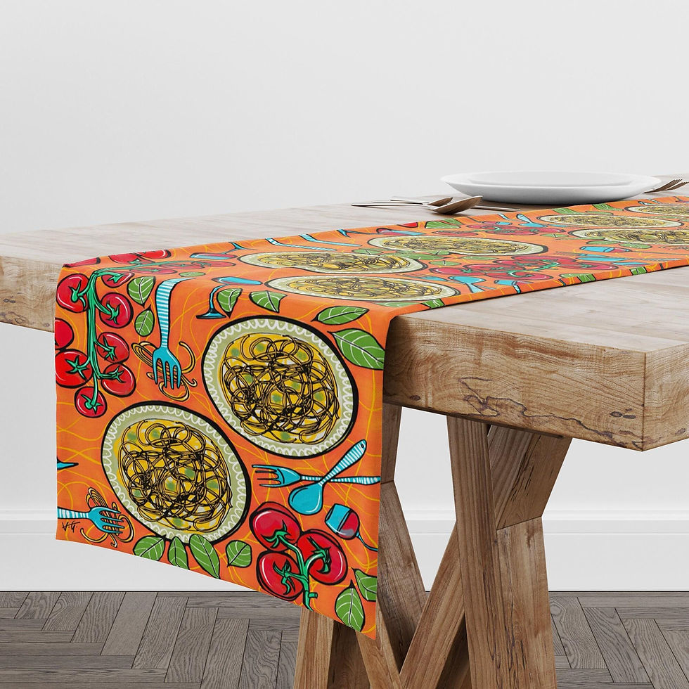 Thumbnail: Colorful Table Runner, Italian dinner - pasta and red wine, Bright Colors, Wh...