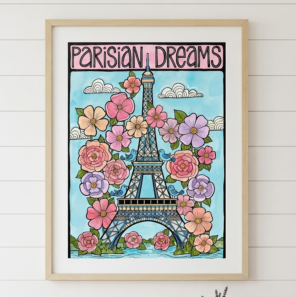 Parisian Dreams Eiffel Tower Floral Print | Colorful Paris Artful Wall Art | Whimsical France Poster | Romantic Bedroom Decor