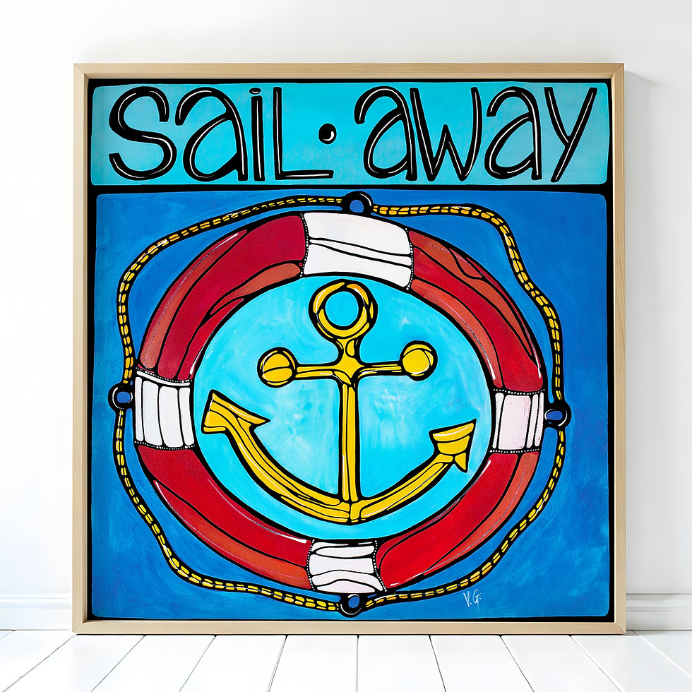 Thumbnail: Sail Away bold pop art nautical print featuring red and white life preserver and gold anchor on blue background, framed coast