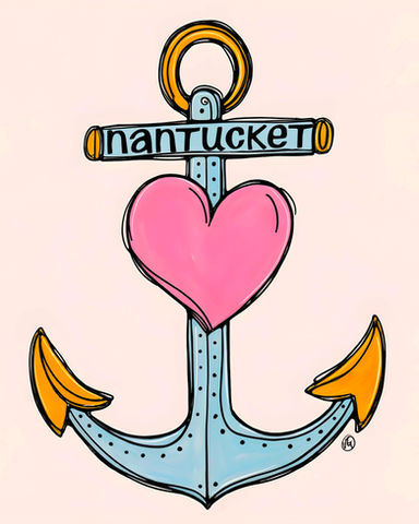 Minimalist nautical illustration of a blue and yellow anchor with a large pink heart in the center and the word “Nantucket” across the anchor’s crossbar.