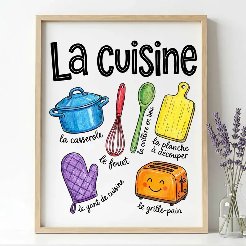 La Cuisine French kitchen vocabulary poster featuring hand-illustrated casserole pot, whisk, wooden spoon, cutting board, ove