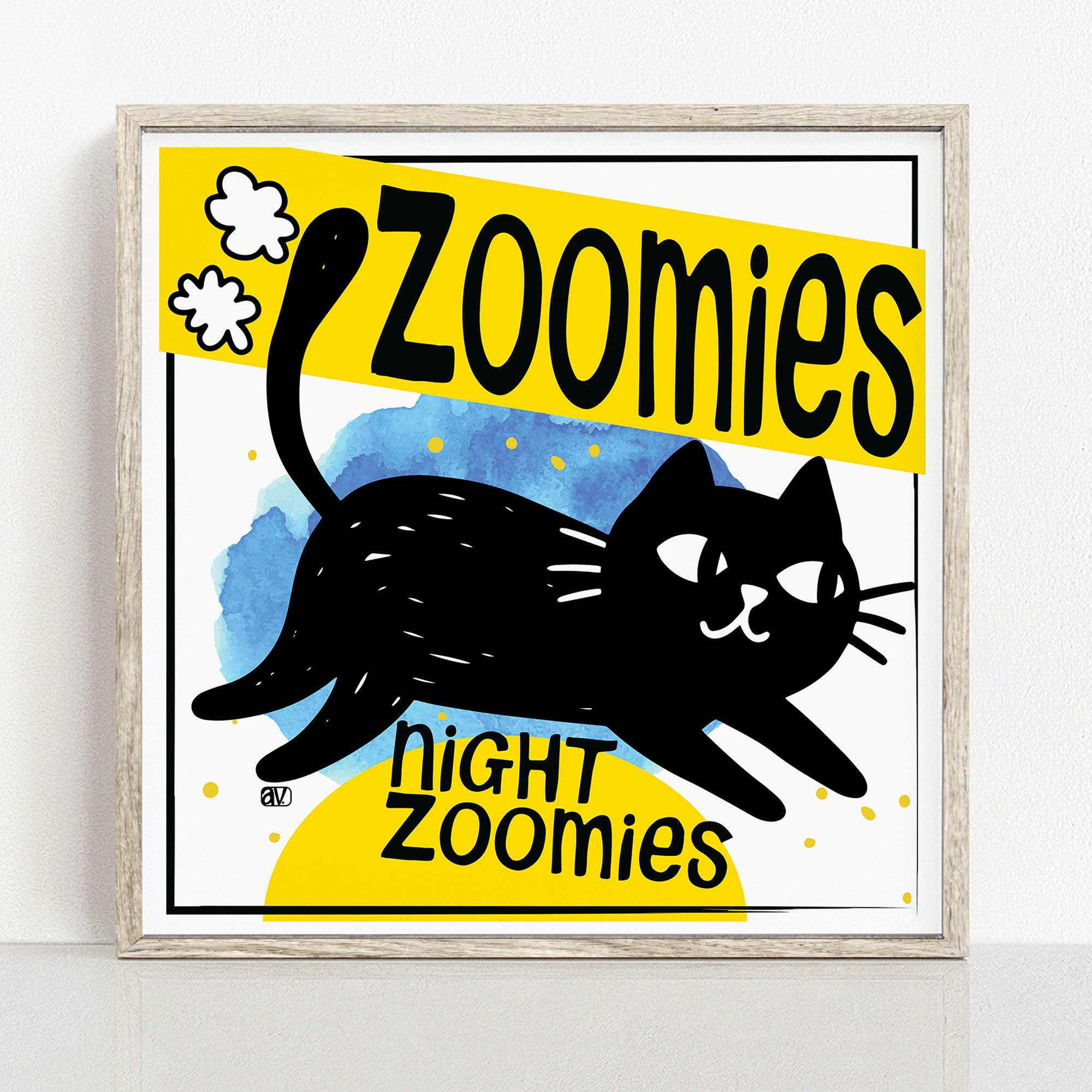 Night Zoomies Cat Print – Playful Black Cat Wall Art