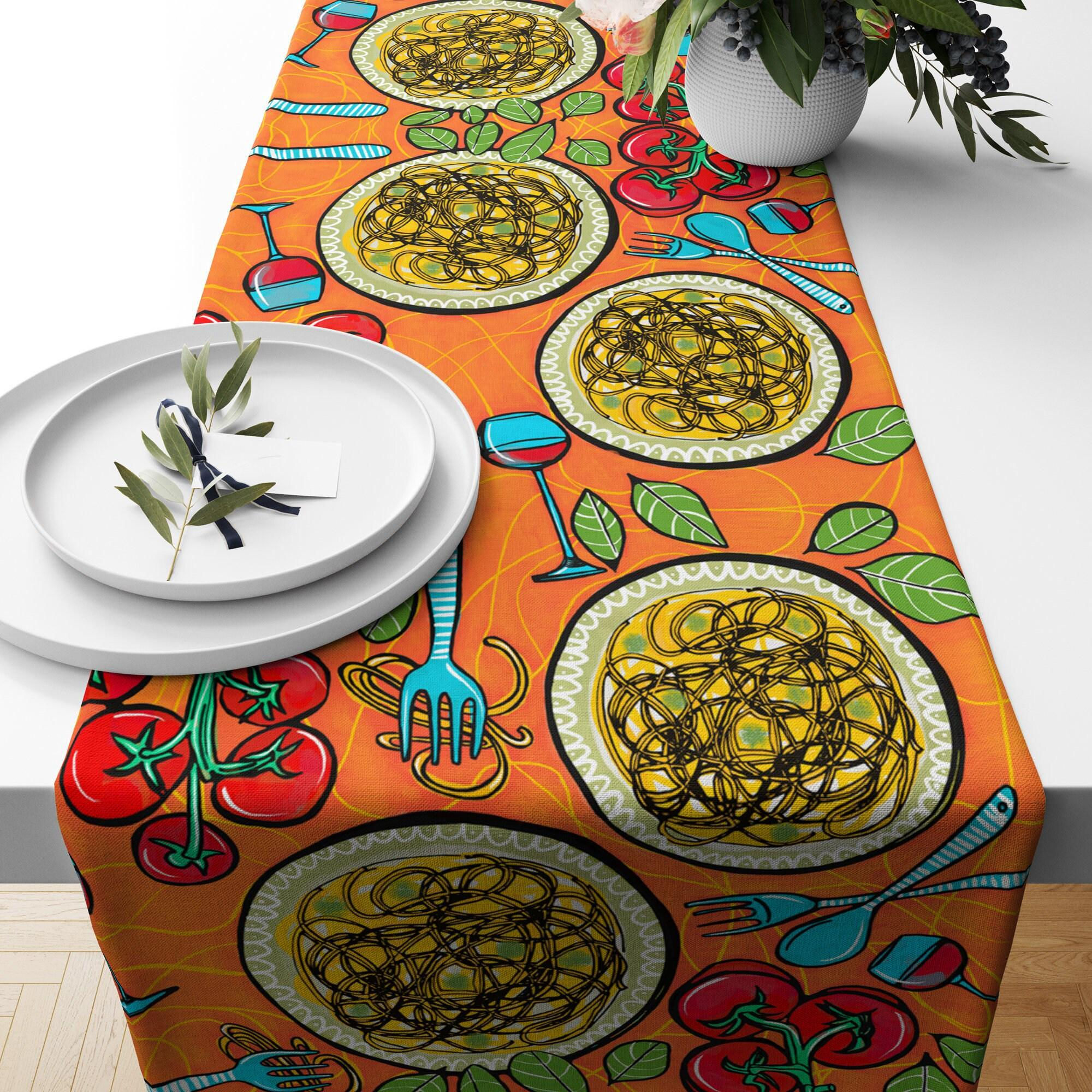 Colorful Table Runner, Italian dinner - pasta and red wine, Bright Colors, Wh...