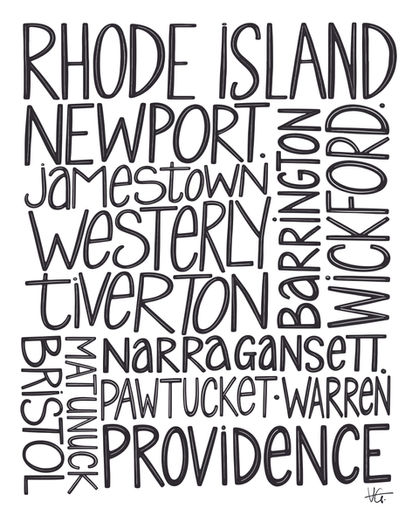 Typography art listing Rhode Island coastal towns by Atelier Vero, whimsical lettering wall print.