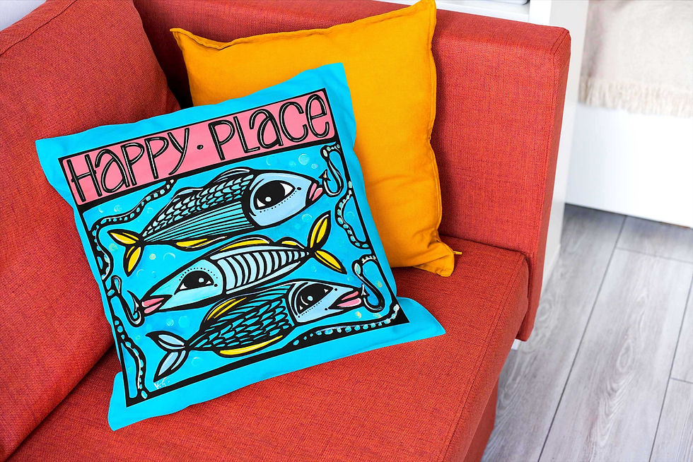 Thumbnail: Happy Place Pillow, Fish Blue Sea Indoor Outdoor