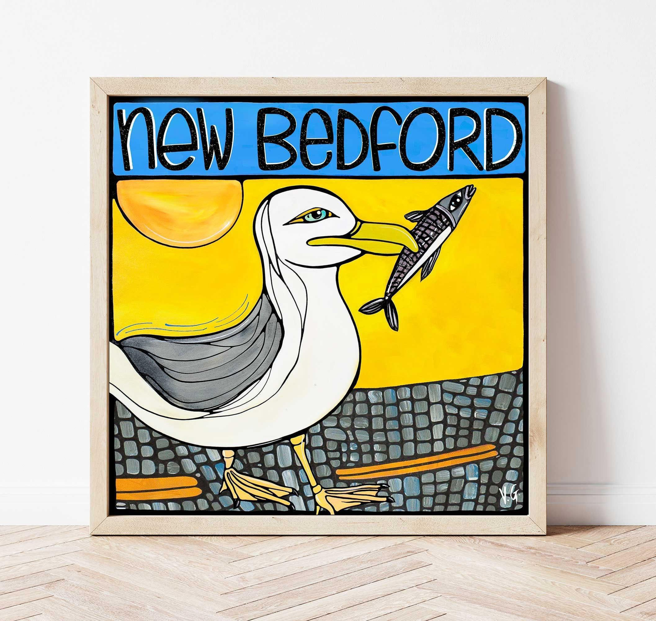 New Bedford MA Art Print, Whimsical Seagull at the Beach, Colorful Coastal Ma...
