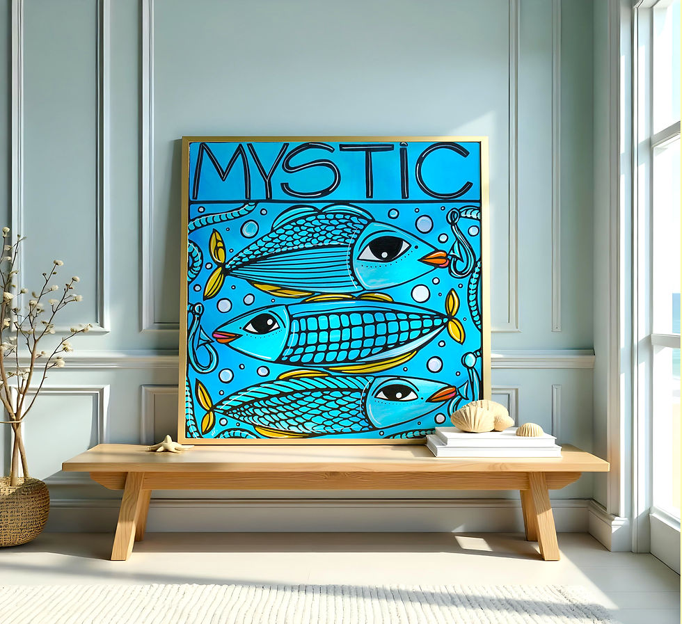 Mystic Connecticut folk art print featuring three blue fish with golden fins and orange lips on bright blue background, bold