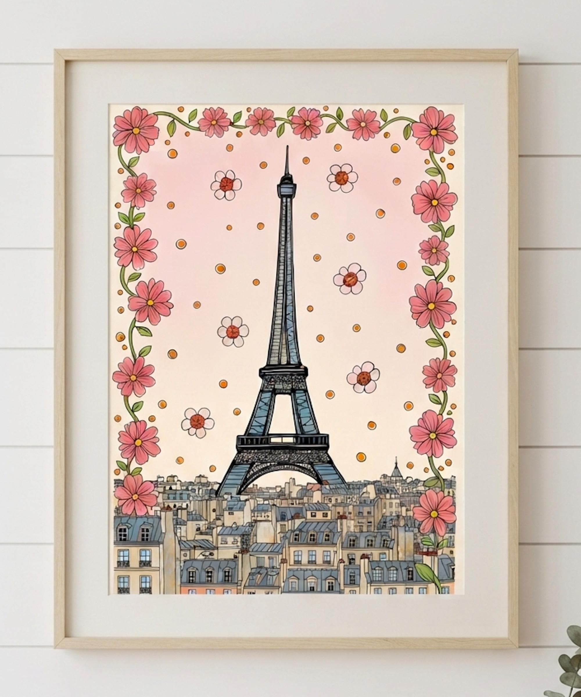Eiffel Tower Paris Skyline Floral Print | Feminine Artful Paris Wall Art | Whimsical Rooftop France Poster | Romantic Bedroom