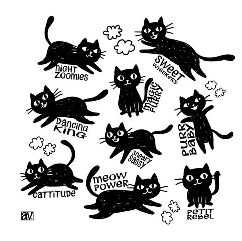 Night Zoomies cats – Fun black cat illustration series with captions.