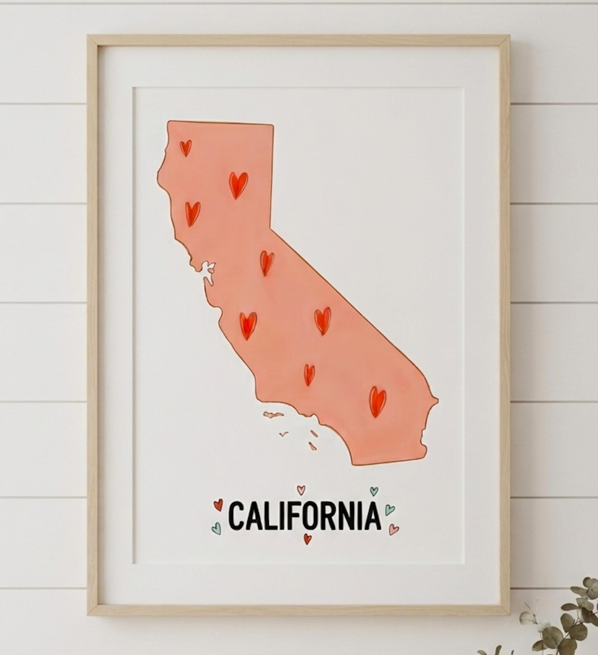 California Map Artful Print | Heart Pattern Cali Art | Golden State Coral Pink Love California Wall Decor Art | State Map Il