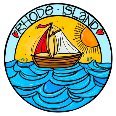 Whimsical illustration of a sailboat with red and white sails on bright blue waves, set inside a circular frame with a golden sun and the text 'Rhode Island'. Coastal sticker or art print by Atelier Vero.