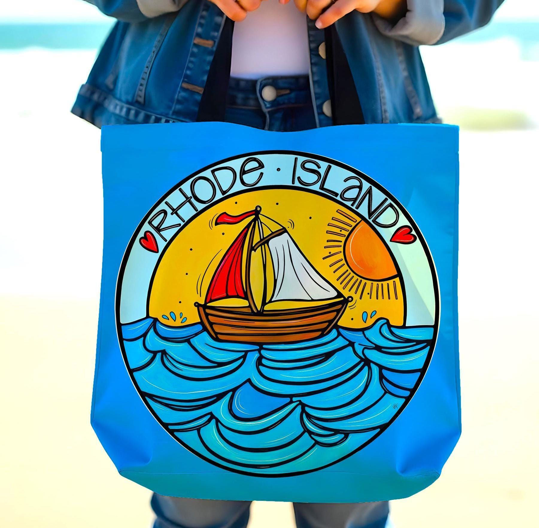 Rhode Island Tote Bag – Whimsical Sailboat Design, Coastal Ocean State Reusable