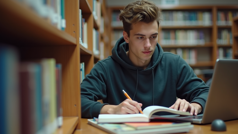Close-up view of a student studying with a laptop and books in a library