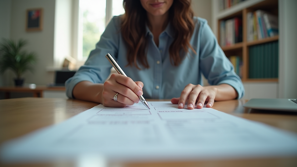 Eye-level view of a student filling out visa application forms at a desk