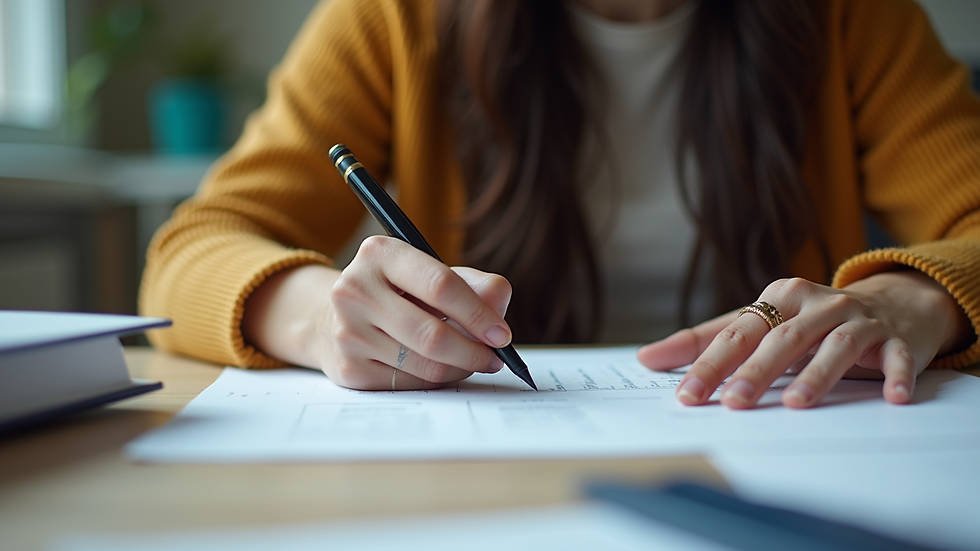 Wide angle view of a student preparing documents for university application