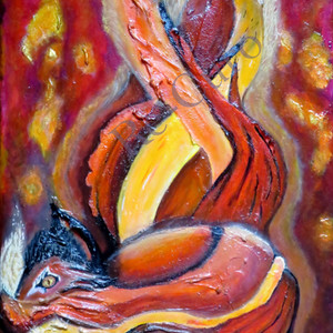 a close up of a painting of a nine tailed fox with a red background