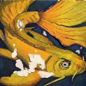 a painting of a fish with a blue background