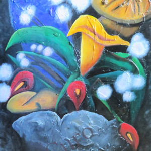 a close up of a painting of flowers 