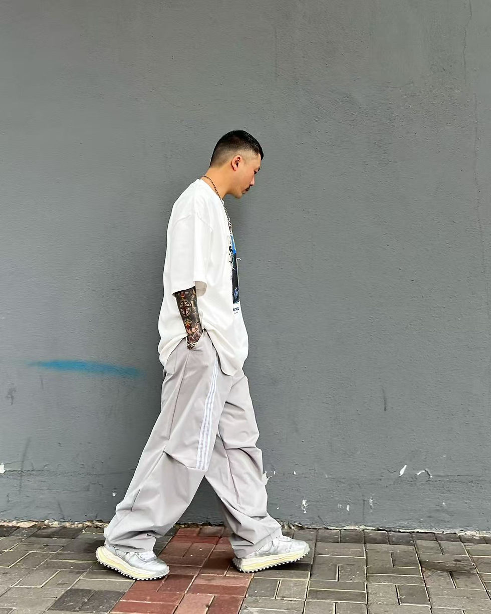 縮圖：機能格仔布Striped patterns baggy pants 