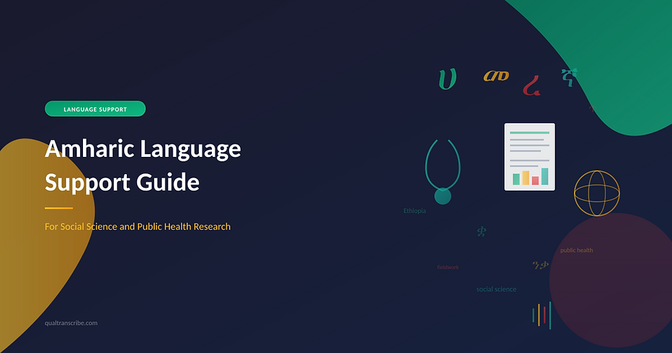 Blog cover for "Amharic Language Support Guide" featuring Amharic script characters (ሀመረኛ), a stethoscope, a research document with charts, and a globe icon against a deep blue background with Ethiopian flag-inspired green, gold, and red accents.