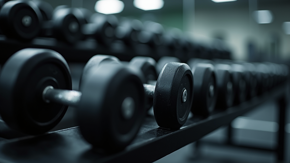 Close-up view of dumbbells arranged on a gym rack