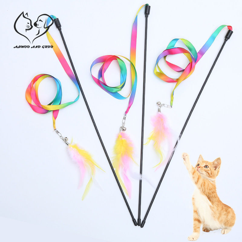 Simulation Feather Interactive Cat Toy Satin Ribbon Bell Cat Stick Toys Kitten P
